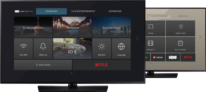 Two TVs displaying hotel TV user interface with built-in Netflix app.