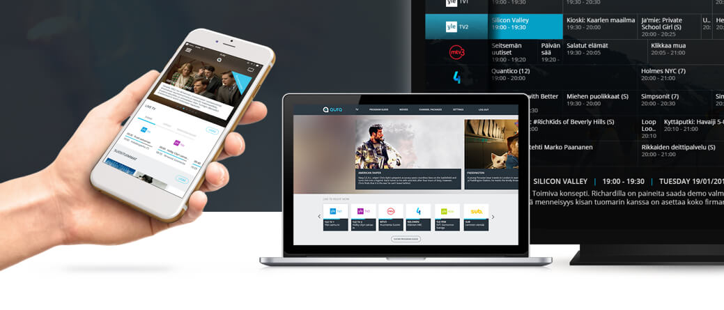 Multiple devices showing the multiscreen nature of Hibox Aura IPTV platform