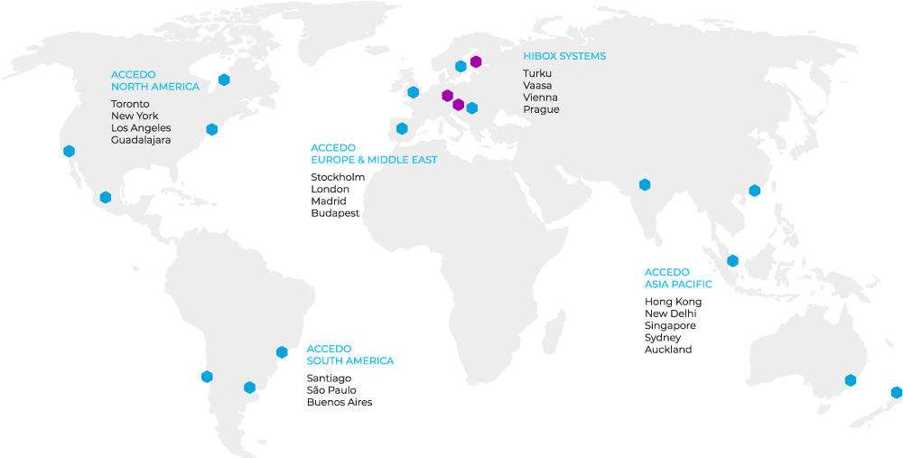 A map of Hibox's office locations in Turku, Helsinki, Stockholm and Vienna.