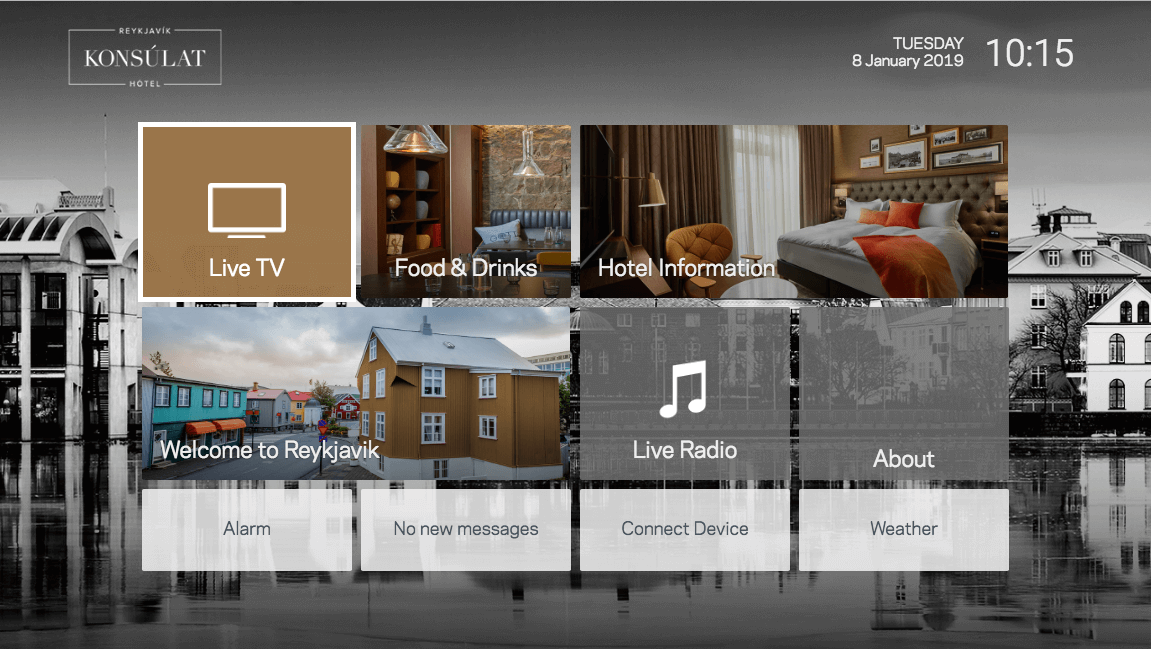 Reykjavik Konsulat user interface displayed on hospitality TV.