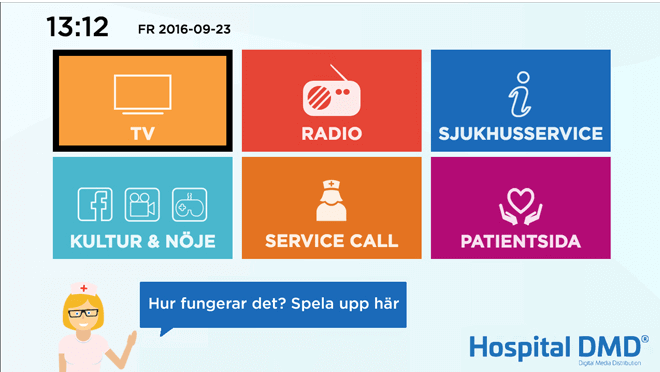 Karolinska Hospitality TV user interface powered by Hibox Smartroom displayed on TV