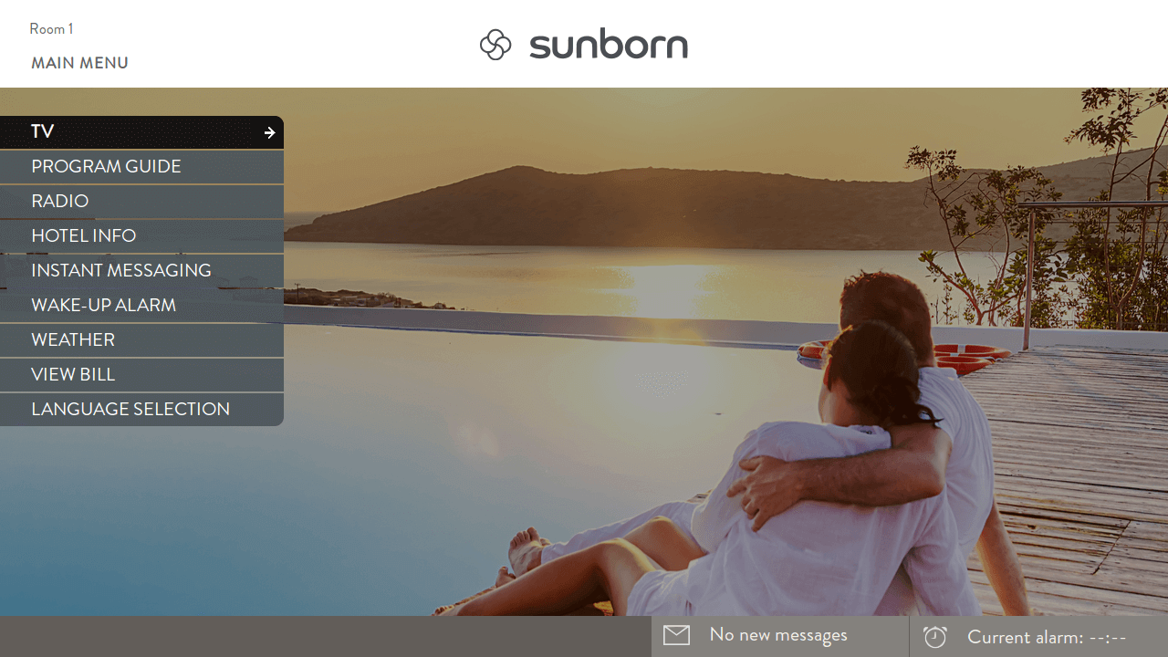 Sunborn Hotel TV user interface powered by Hibox Smartroom displayed on TV