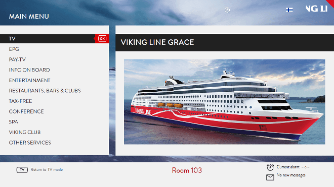 Viking Line Hospitality TV user interface powered by Hibox Smartroom displayed on TV